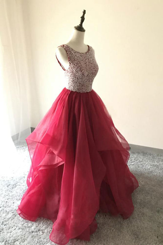 Burgundy Round Neck Tulle Beaded Long Prom Dress Burgundy Evening Dress