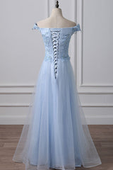 Blue Tulle Lace Off-Shoulder Long Prom Dress Blue Evening Dress