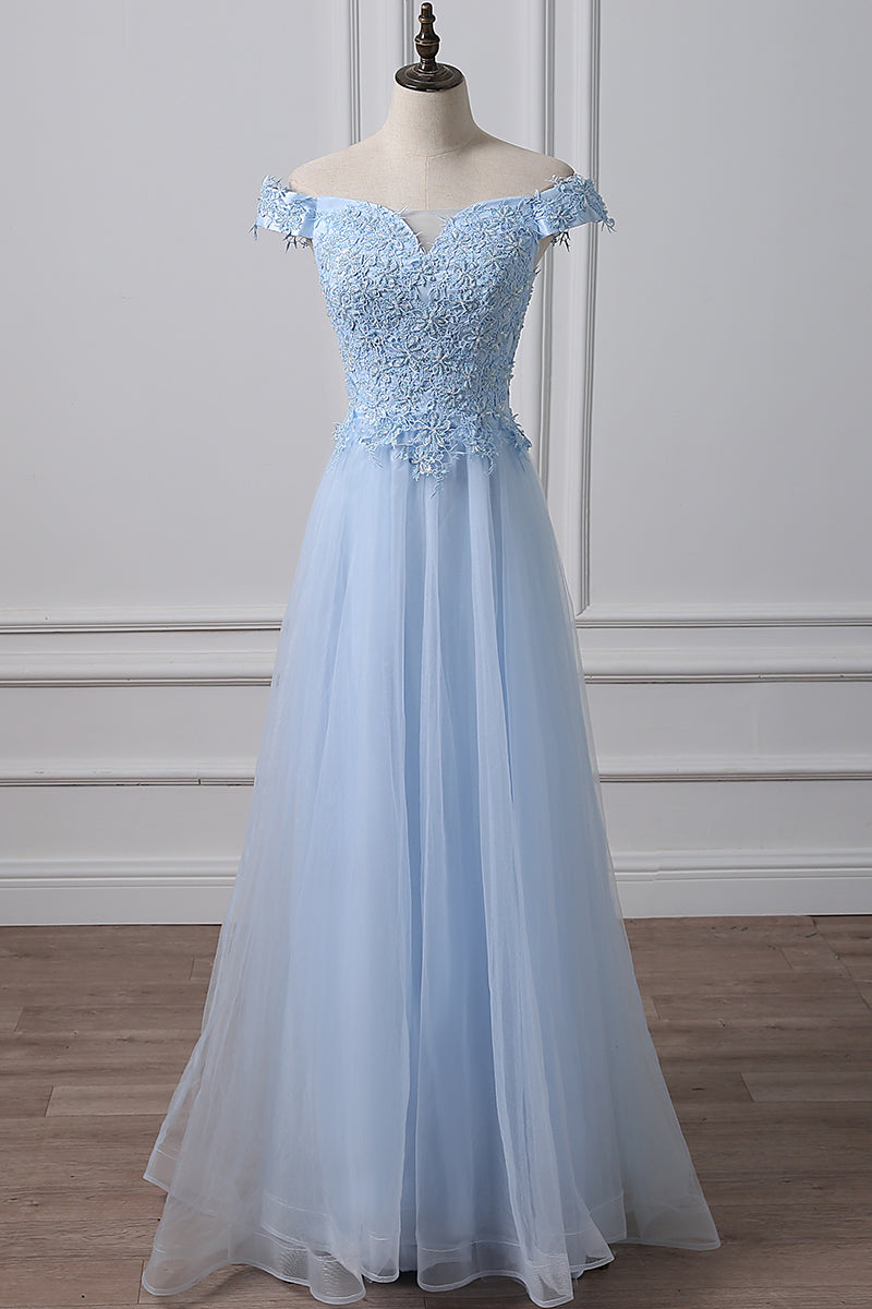 Blue Tulle Lace Off-Shoulder Long Prom Dress Blue Evening Dress