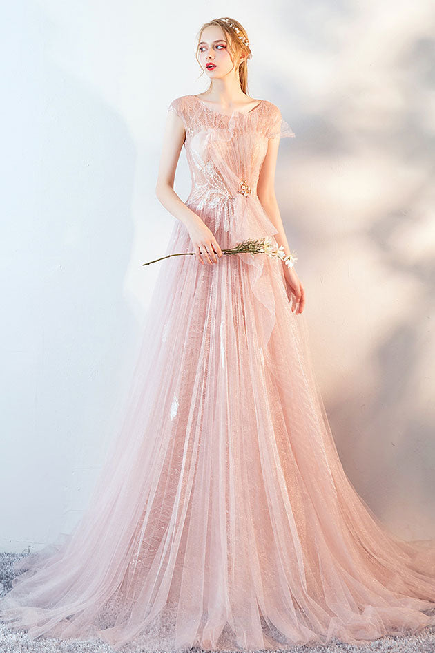 Pink Tulle Lace Long Prom Dress Pink Evening Dress