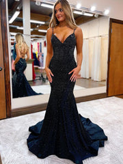 Lilly Dressystars Shiny Mermaid Sexy V Neck Delicate Beaded  Satin Long Prom Dress