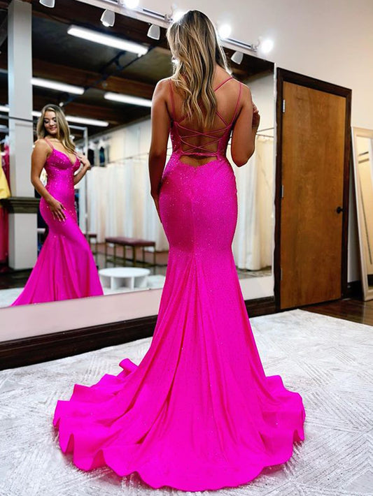 Lilly Dressystars Shiny Mermaid Sexy V Neck Delicate Beaded  Satin Long Prom Dress