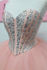 Pink Sweetheart Tulle Beads Long Prom Dress Tulle Formal Gown