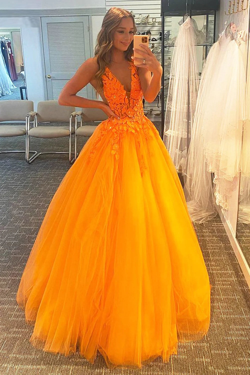 Princess A Line Deep V Neck Blush Long Prom Dress with Appliques