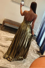 Sparkly Golden A Line Backless Long Prom Dress With Slit