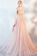 Pink Tulle Lace Long Prom Dress Pink Evening Dress