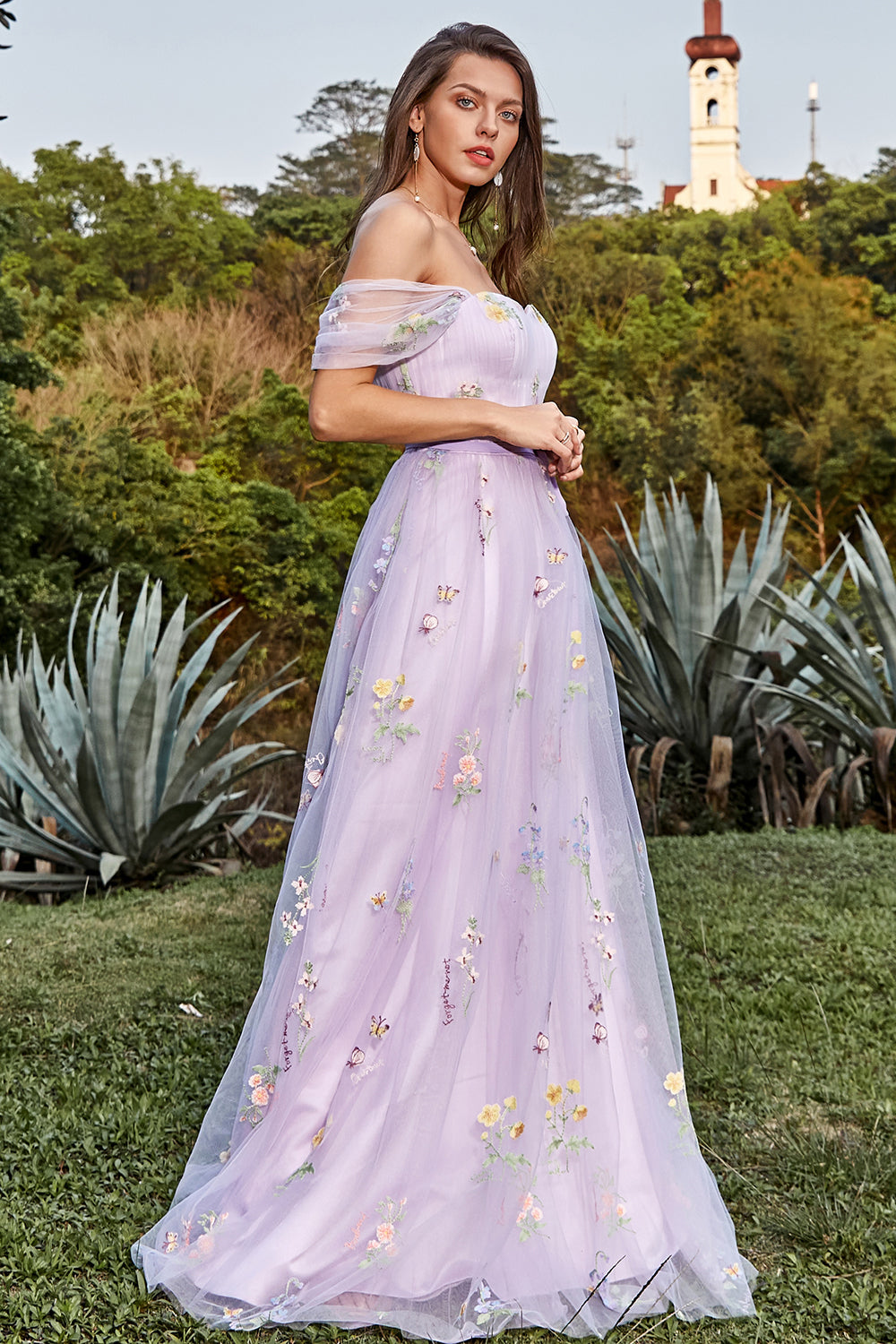 Lavender A Line Tulle Off the Shoulder Embroidery Prom Dress