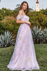 Lavender A Line Tulle Off the Shoulder Embroidery Prom Dress