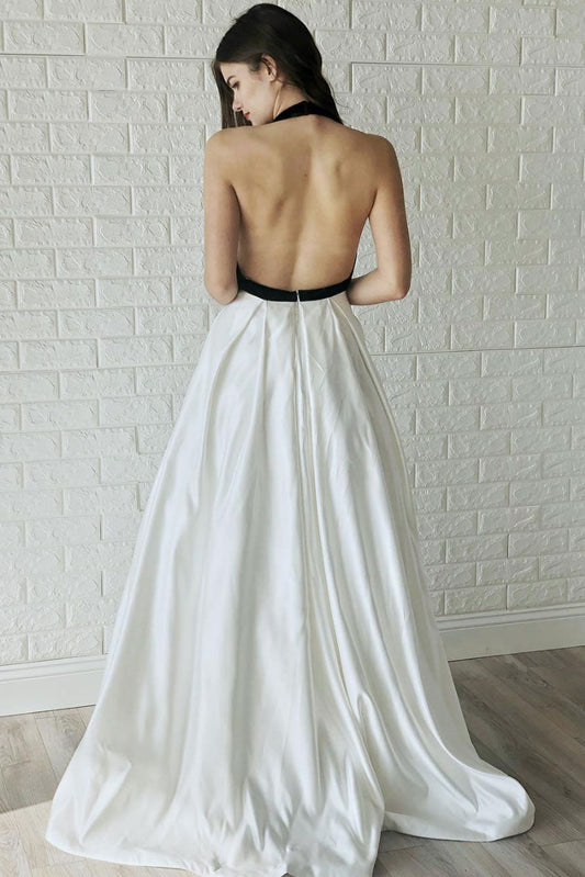 Simple White V-Neck Satin Long Prom Dress White Evening Dress