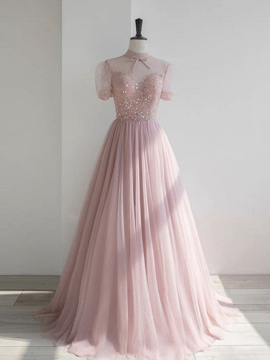 Pink Round Neck Tulle Sequin Long Prom Dress Pink Tulle Formal Dress