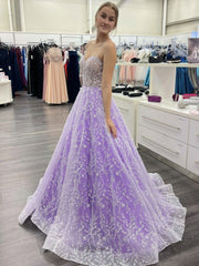 Purple Sweetheart Neck Tulle Sequin Long Prom Dress Purple Evening Dress