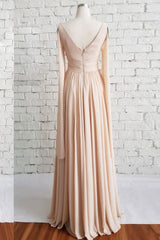 Simple V-Neck Chiffon Long Prom Dress Champagne Evening Dress