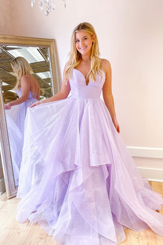 Purple Tulle V-Neck Long Formal Dress Purple Prom Dress