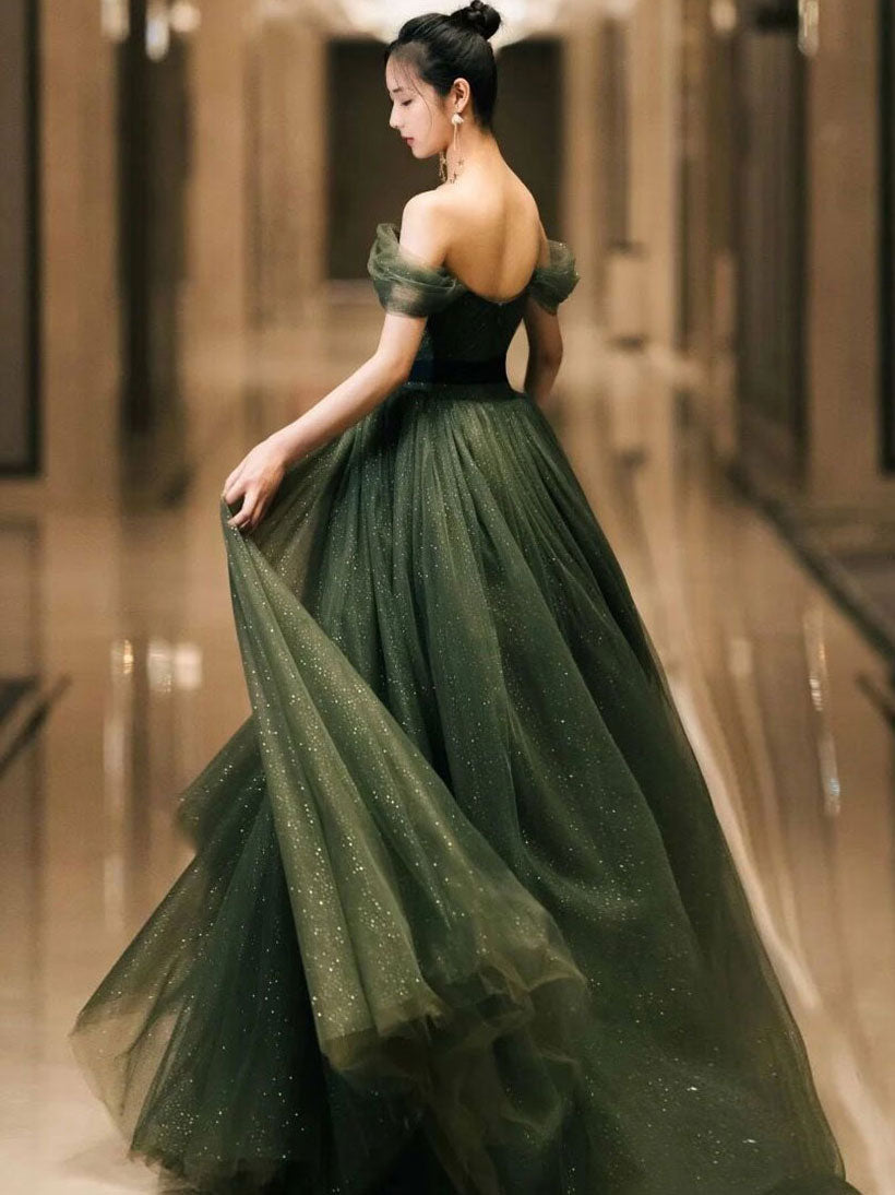 Simple Green A-Line Tulle Off-Shoulder Long Prom Dress Green Evening Dress