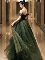 Simple Green A-Line Tulle Off-Shoulder Long Prom Dress Green Evening Dress