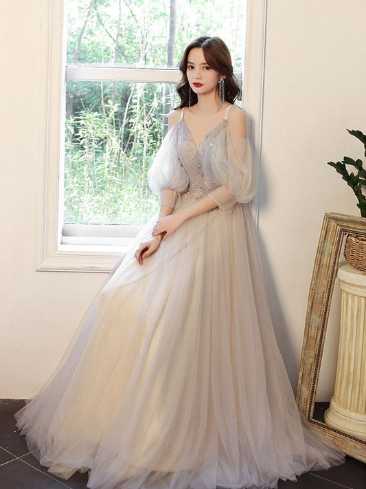 Gray V-Neck Tulle Long Prom Dress Gray A-Line Tulle Formal Dress