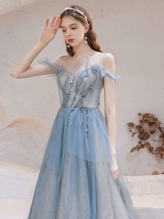 Blue Tulle Off-Shoulder Long Prom Dress Blue Tulle Evening Dress