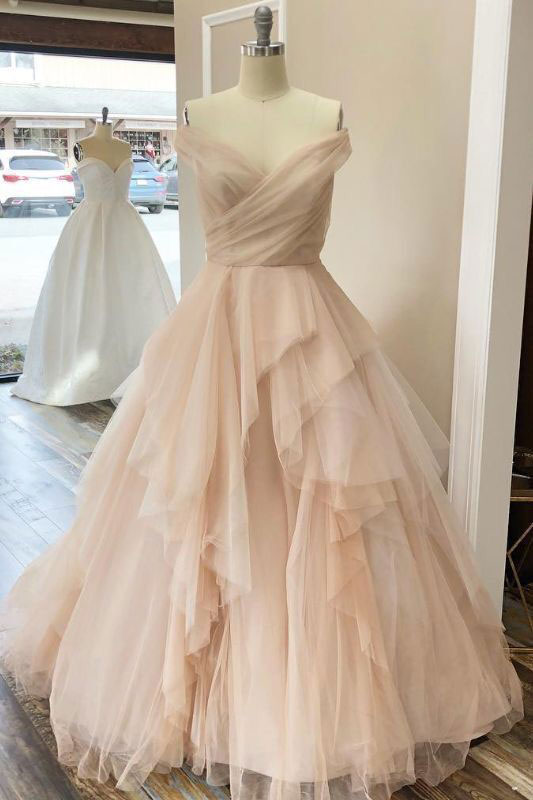 Champagne Tulle Off-Shoulder Long Prom Dress Tulle Evening Gown