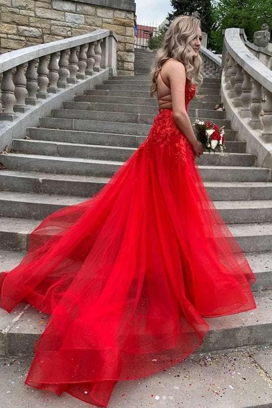 Red V-Neck Tulle Lace Long Prom Dress Red Lace Long Evening Dress