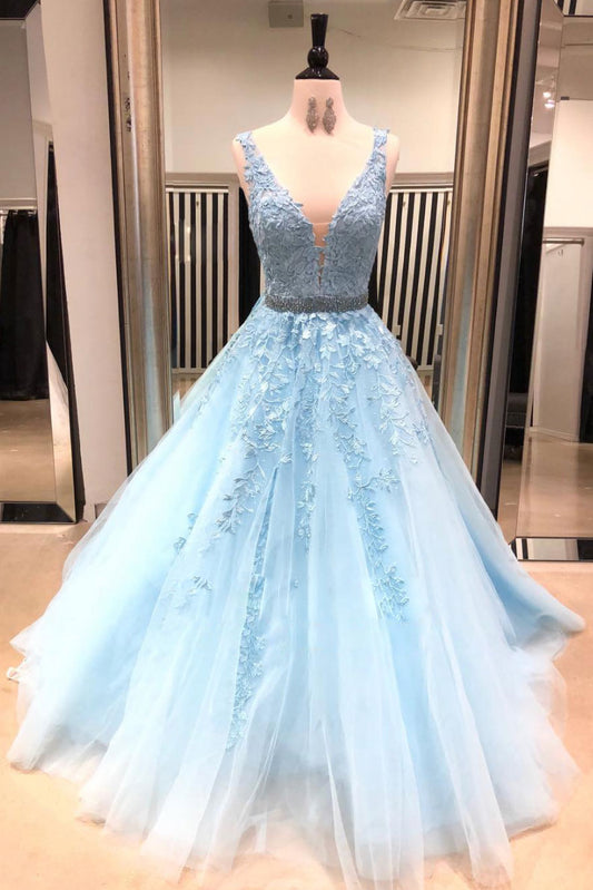 Blue V-Neck Tulle Lace Long Prom Dress Blue Lace Evening Dress