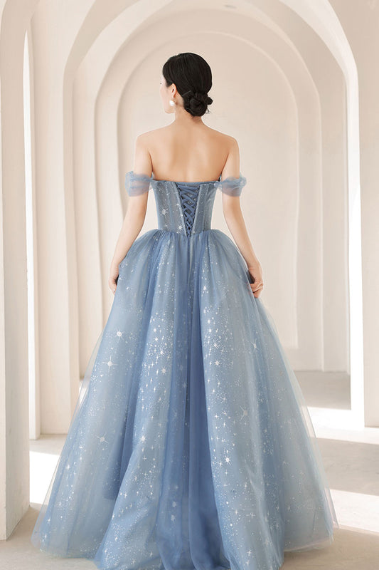 Blue Sweetheart Neck Tulle Beaded Long Prom Dress Blue Evening Dress