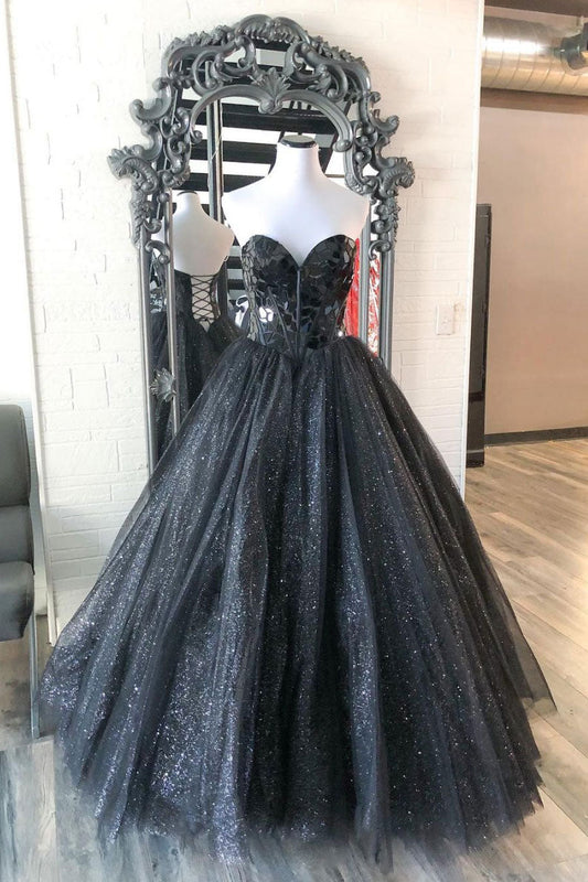 Black Sweetheart Tulle Sequin Long Prom Dress Black Tulle Formal Gown