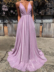 Simple V-Neck Satin Long Prom Dress Purple Long Evening Dress