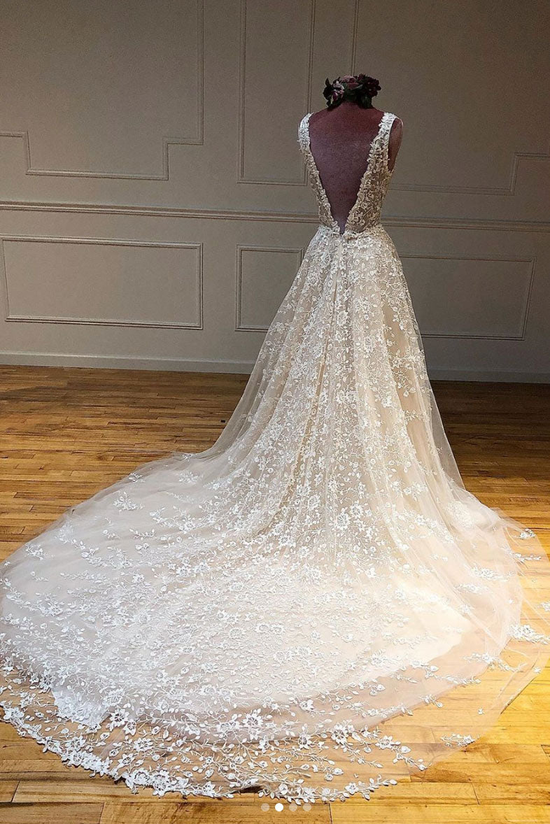 Champagne V-Neck Tulle Lace Long Prom Dress Lace Evening Gown