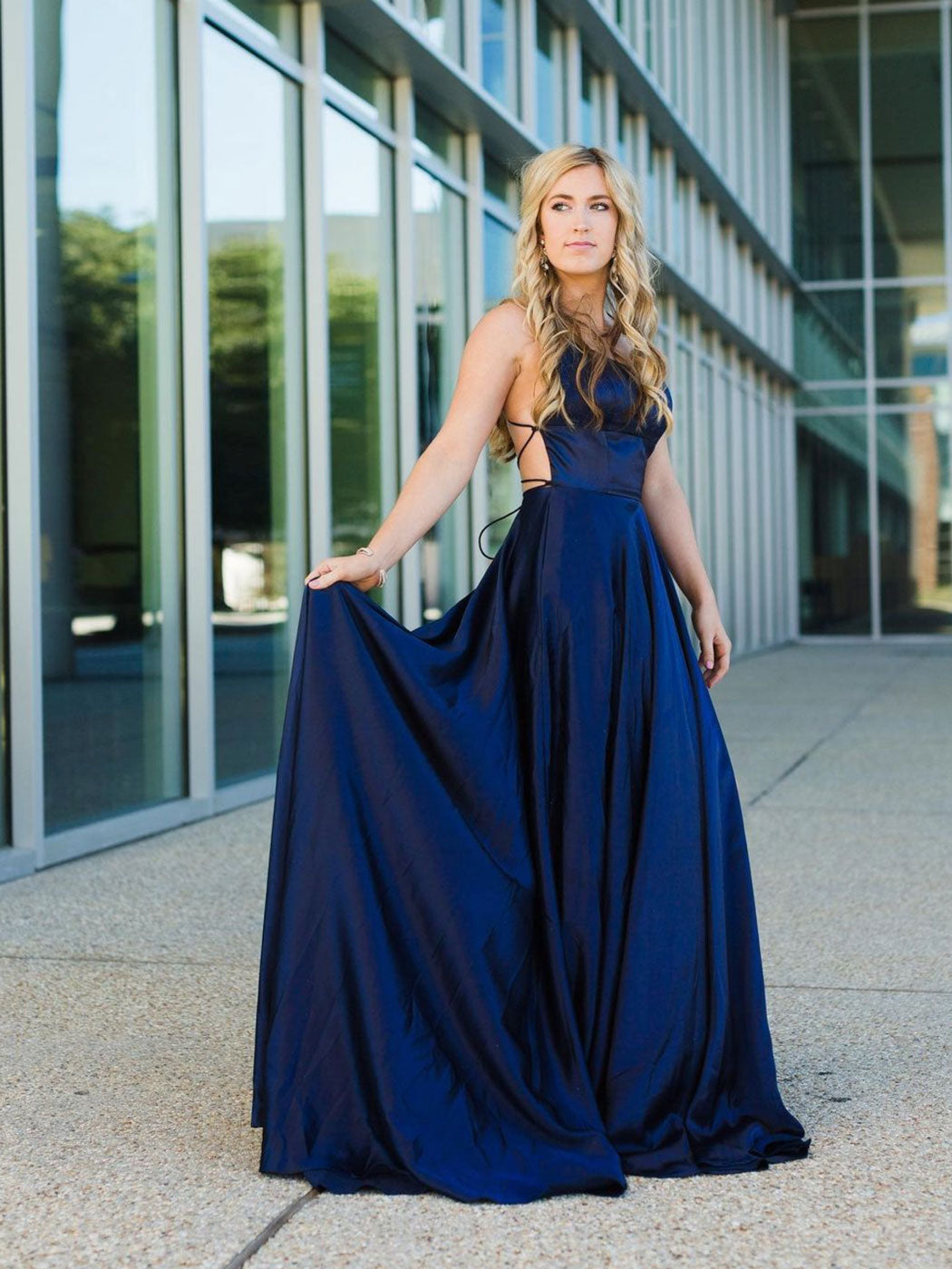 Simple Blue Satin Long Prom Dress Blue Backless Evening Dress