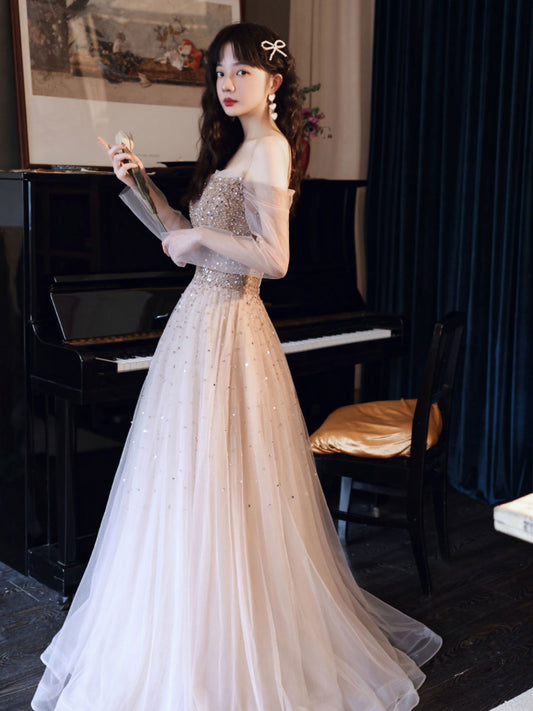 Champagne Tulle Sequin Long Prom Dress Champagne Evening Gown