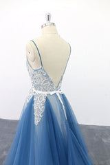 Blue V-Neck Tulle Lace Long Prom Dress Blue Lace Evening Dress