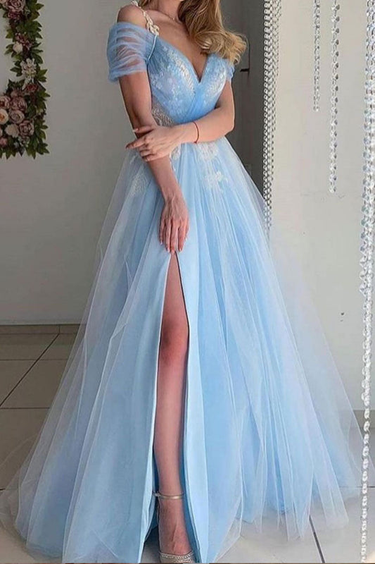 Blue V-Neck Tulle Long Prom Dress Blue Tulle Formal Dress