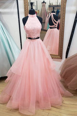 Pink Two-Piece Lace Tulle Long Prom Dress Pink Tulle Evening Gown