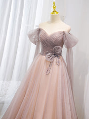 Pink Tulle Off-Shoulder Long Prom Dress Pink Tulle Formal Gown