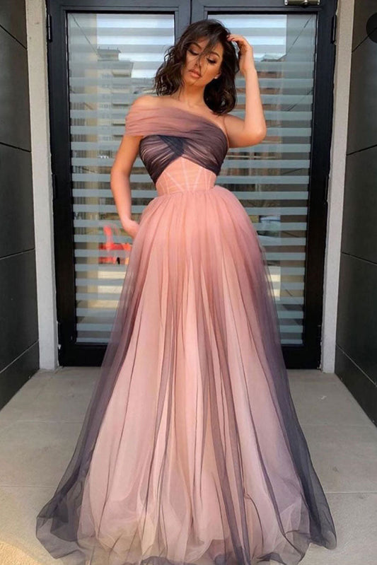 Unique A-Line Tulle Long Prom Dress Tulle Formal Gown