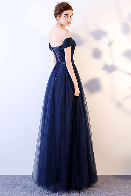 Simple Sweetheart Tulle Dark Blue Long Prom Dress Blue Bridesmaid Dress