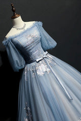 Unique Gray Blue Tulle Lace Appliqu¨¦ Long Prom Dress Gray Blue Evening Dress