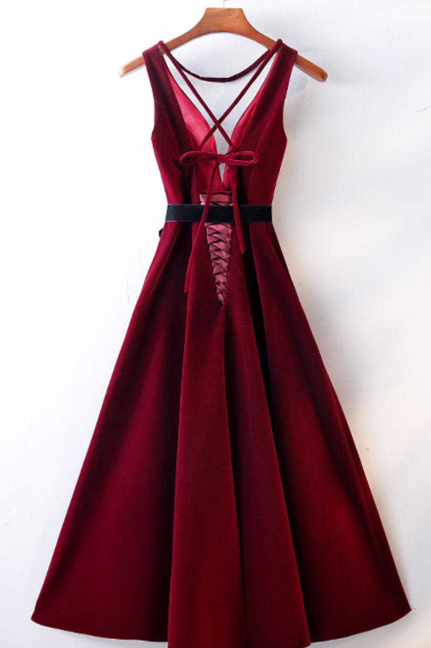 Burgundy V-Neck Short Prom Dress Burgundy Bridesmaid Dress