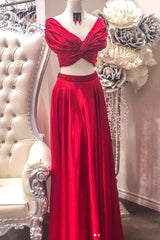 Red Two-Piece Satin Long Prom Dress Red Long Evening Dress