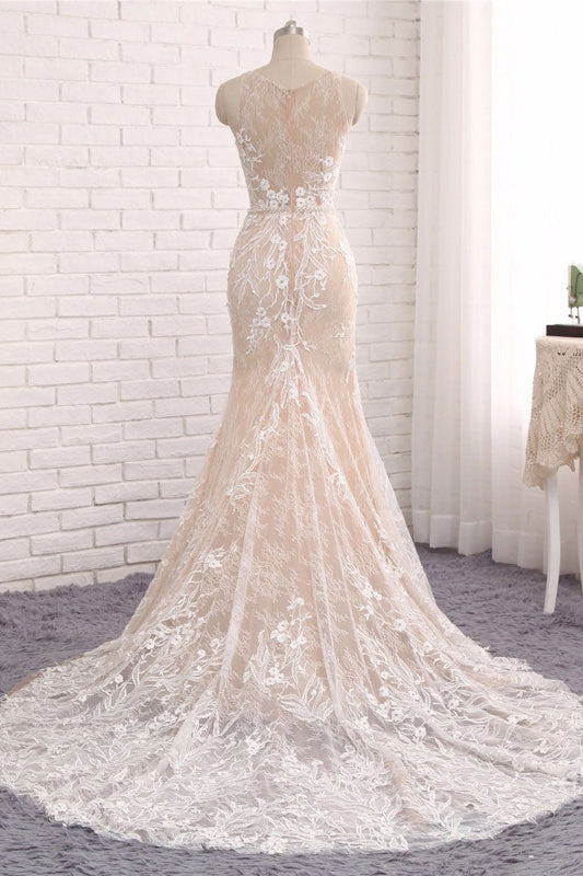 Unique Round Neck Lace Mermaid Long Evening Dress Wedding Dress