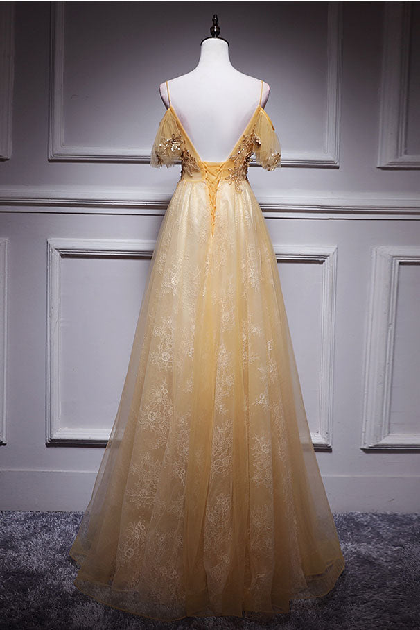 Champagne Tulle Lace Long Prom Dress Champagne Evening Dress