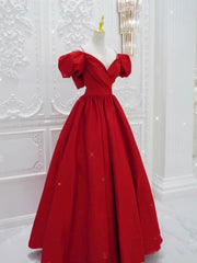 Red V-Neck Satin Long Prom Dress Red Evening Dress