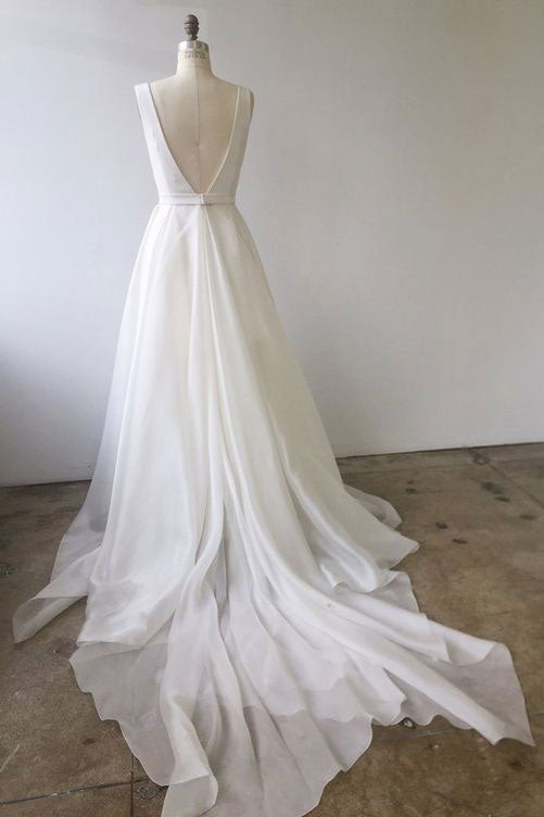 White V-Neck Chiffon Long Prom Dress White Evening Dress