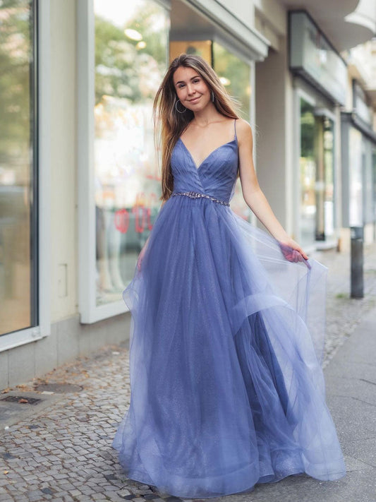 Blue V-Neck Tulle Long Prom Dress Blue Tulle Evening Dress