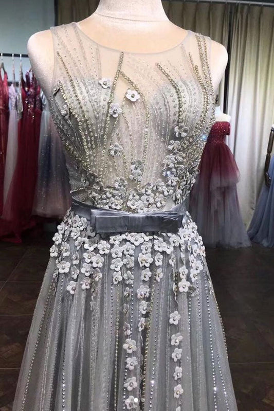 Gray Tulle Lace Beaded Long Prom Dress Gray Tulle Evening Dress