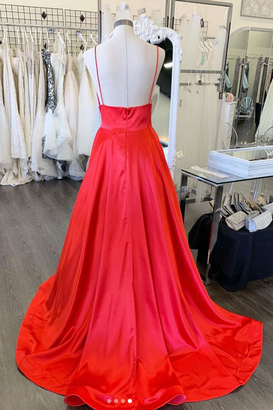 Red V-Neck Satin Long Prom Dress Red Long Formal Dress