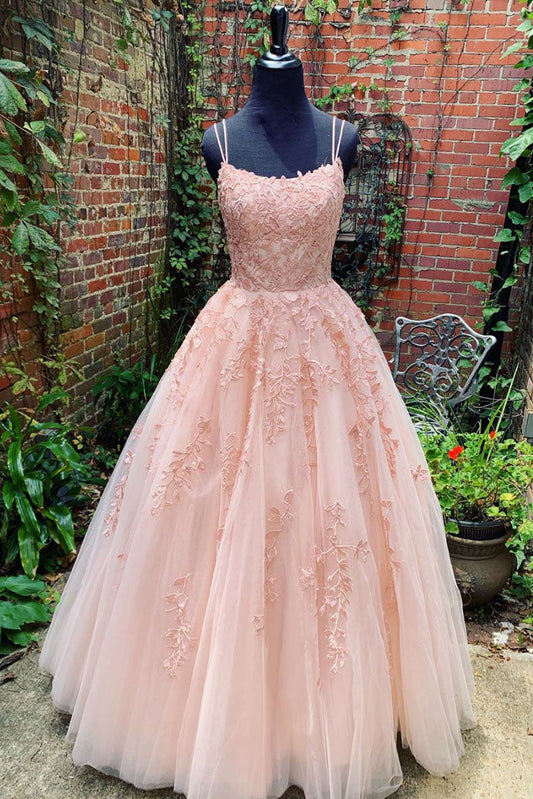 Pink Tulle Lace Long Prom Dress Pink Tulle Lace Evening Dress