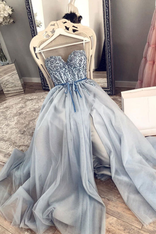 Blue Sweetheart Tulle Lace Long Prom Dress Lace Evening Dress