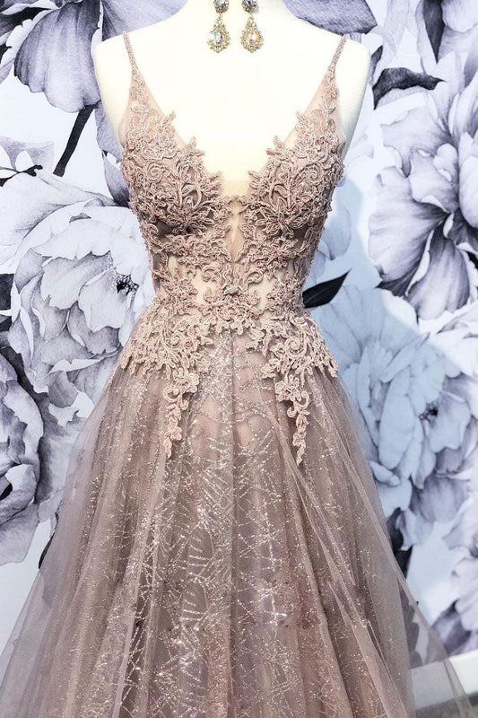 Champagne V-Neck Tulle Lace Long Prom Dress Champagne Tulle Evening Dress