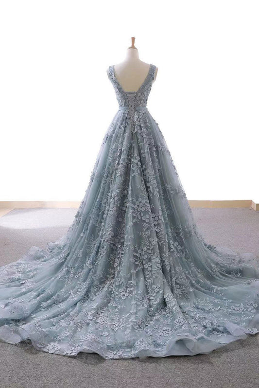 Gray Blue Tulle Lace Long Prom Dress Blue Evening Dress